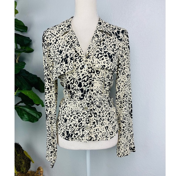 Zara Cream & Black Leopard Print Button Down collar Causal Loose Fit Blouse - Picture 1 of 6